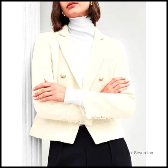 Cropped Tweed Blazer with Lapel and Pockets - Picture 2 of 6